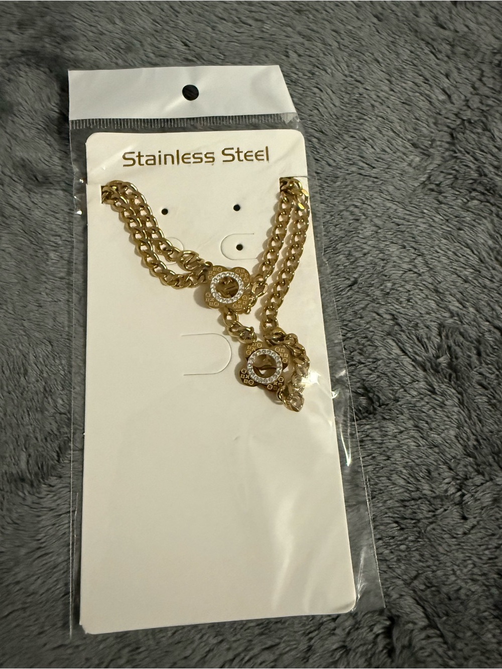Gold Stainless Steel Double Chain Necklace with Crystal Accents